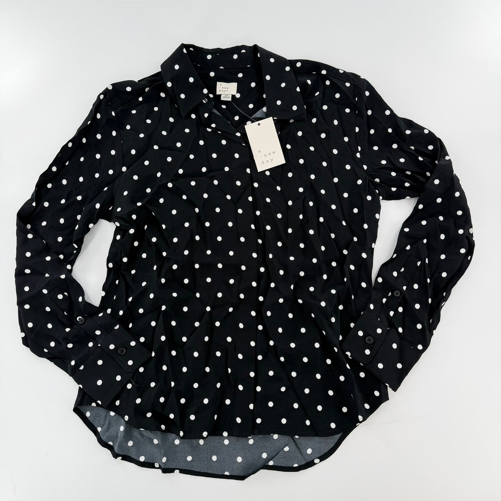 A New Day Blouse Polka Dot Button Down Women XS‎ Black